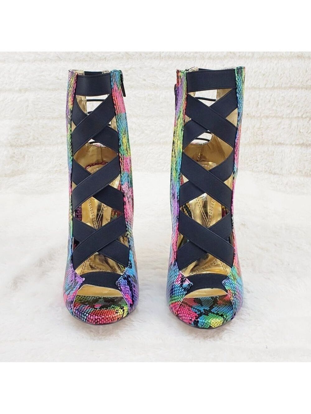 Bright Rainbow Snake Elastic Strap Gold Tone High Heel Stiletto Ankle Boots - Picture 8 of 10